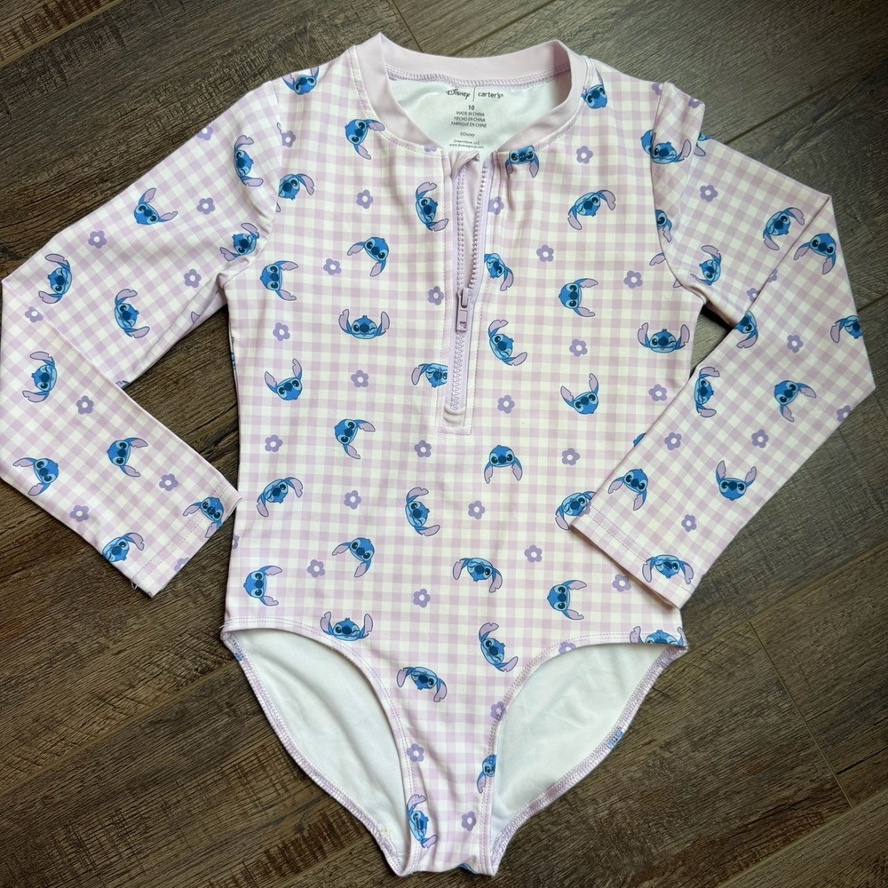 Disney Carter's Girls Lilo & Stitch Gingham 1-Piece Rashguard Swimsuit Size 10
